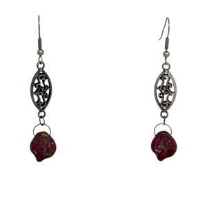 Indio Jewelry Red Picasso Glass Leaf Antique Silver Earrings #322